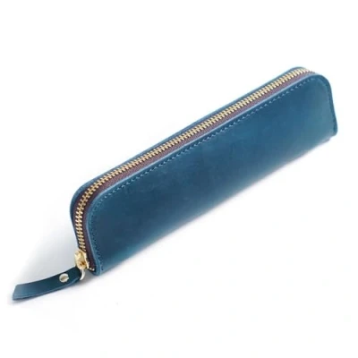Afbeelding van DONGKER Lederen etui, vintage pennenetui, retro pennenetui met 4 pennenlussen en ritssluiting voor balpen, vulpen, penseel enz., pan blauw, elegant/klassiek