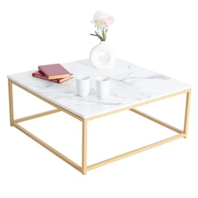 Afbeelding van MEUBLE COSY Koffietafels met imitatie marmer look, moderne vierkante woonkamertafel, stalen frame, bijzettafel, metaal, wit+goud, 80x80x34cm