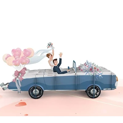 Afbeelding van MOKIO® Pop Up Trouwkaart Bruidspaar in de Trouwauto 3D cadeaukaart voor bruiloft, felicitatiekaart huwelijksceremonie, geldcadeau huwelijksreis, wenskaart met envelop