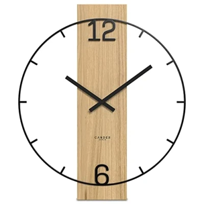 Afbeelding van Cander Berlin Einar XXL vintage wandklok, geruisloos, 50 cm, metaal, hout, eikenfineer, zonder tikken, groot, modern, zwart, woonkamer, keuken