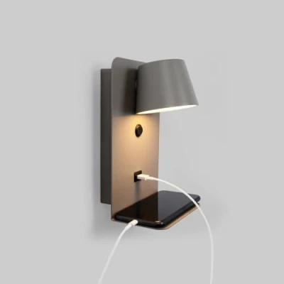 Afbeelding van BarcelonaLED Wandlamp met plank, USB oplaadbasis, grijs, led, verstelbaar, 6 W, warmwit, 2700 K, geïntegreerde schakelaar voor slaapkamer, hoofdeinde, lezen, woonkamer