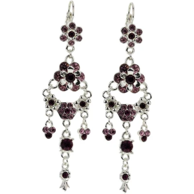 Afbeelding van Behave Oorbellen hangers zilver kleur met paarse bloemetjes