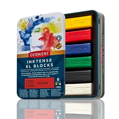 Afbeelding van Derwent Inktense XL Blocks, Blik van 6 Waskrijtjes, 60mm, Extra Grote Krijtjes, Wateroplosbaar, Ideaal voor Schetsen, Tekenen en Expressieve Vlekken, Professionele Kwaliteit, 2306161