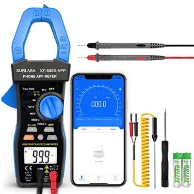 Afbeelding van SURLABA Bluetooth Clamp Multimeter, Digitale Stroomtang AC DC TRMS 6000Count, NCV Spanning Stroom Tester APP Supported, Volt Amp Capaciteit Weerstand Temperatuur Continuïteit Diode Frequentietest