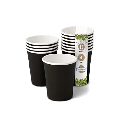 Afbeelding van GREENBOX Organische papieren bekers, wegwerpservies, drinkbekers, composteerbare en biologisch afbreekbare zwarte, onbedrukte milieuvriendelijke koffiemok, 50 stuks, 200 ml