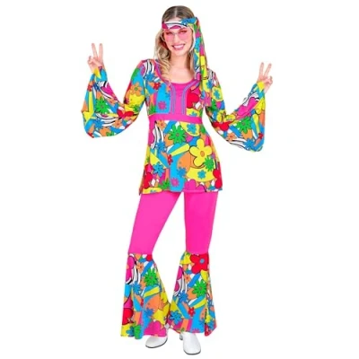 Afbeelding van Widmann Hippie Kostuum Bloemen Jaren 60 Style Vrouw Zwart Small Carnavalskleding Verkleedkleding