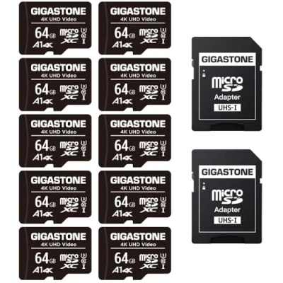 Afbeelding van Gigastone 64GB 10 pack micro sd geheugenkaart, SDXC A1 UHS I U3 klasse 10, 90/25 MB/s lees en schrijfsnelheid, 4K UHD video, geschikt voor Nintendo Switch, beveiligingscamera, GoPro action cam, Compactcamera’s, DJI drone, card