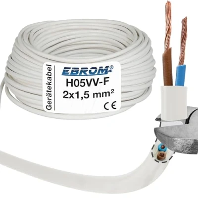 Afbeelding van EBROM Kunststof slangleiding rond, kabel, stroomkabel, apparaatkabel H05VV F 2x1,5 mm², kleur: wit, vele lengtes in stappen van 5 meter tot 200 2 x 1,5 uw kabellengte: 20