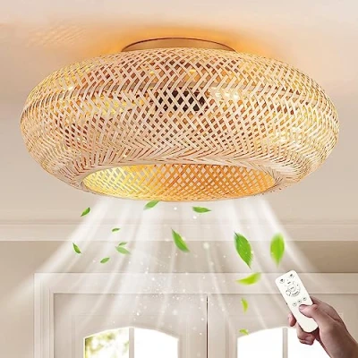 Afbeelding van Stille plafondventilator met lamp en afstandsbediening E27 Retro Ventilator Plafondlamp Vintage Rotan Lampenkap Bamboe Ventilatorlamp voor Slaapkamer Woonkamer Eetkamer Plafondverlichting