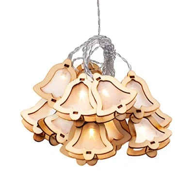 Afbeelding van DecoKing 10 delige LED lichtketting met timer klokken hout warm wit statisch op batterijen werkende slinger houten bel