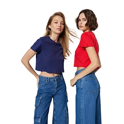 Afbeelding van Trendyol Kaki Wit 2 Pack Gebreid T Shirt Van 100% Katoen Met Ronde Hals Twoss20Ts1480