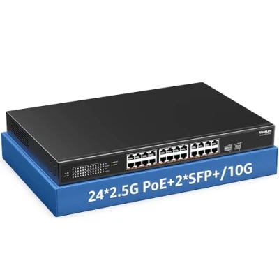Afbeelding van YuanLey 26 poorts 2,5G PoE switch onbeheerd, 24 x 2,5 G Base T poorten, 2 10G SFP+, IEEE802.3af/at, 400W, compatibel met 100/1000/2500Mbps, metalen behuizing, desktop /rekmontage Gbe