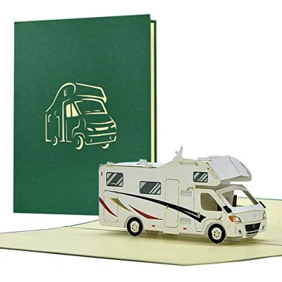 Afbeelding van H33 vouwverjaardagskaart met camper/caravan 3D voor reis /vakantiecadeaubon wenskaart examensucces