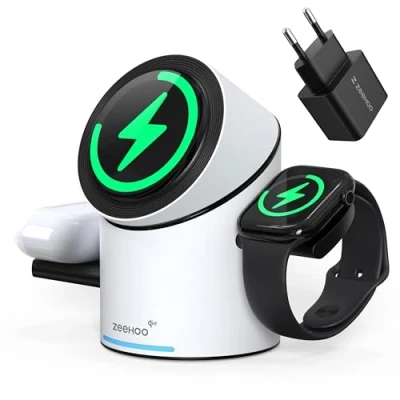 Afbeelding van ZEEHOO 3 in 1 laadstation voor Apple Magsafe oplader, 15 W QI 2 draadloze oplader iPhone, AirPods, wit (30 laadadapter inbegrepen)