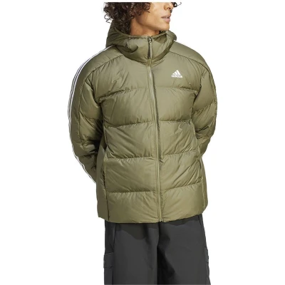 Afbeelding van adidas Heren Essentials Midweight Down Hooded Stripes Jacket, Olive Strata, XS