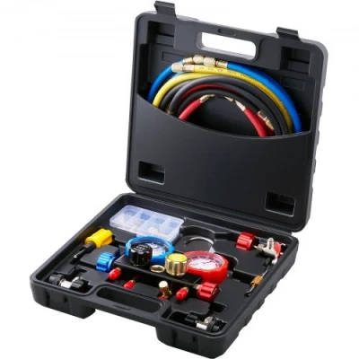 Afbeelding van VEVOR Koelmiddel Manometer 4 Way Auto Set, R134A R12 R410A R22 AC Stuks 5 Voeten Laadslangen Diagnostische Hulpmiddelen Airconditioning