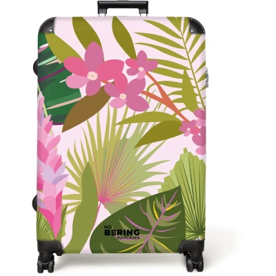Afbeelding van NoBoringSuitcases.com® Koffer groot Reiskoffer lichtgewicht Roze met kleurrijke bladeren Rolkoffer 4 wielen Grote trolley XL 98 liter bagage