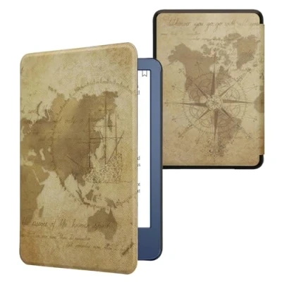 Afbeelding van kwmobile E reader hoesje geschikt voor Amazon Kindle (2022/2024) hoes flip case met magnetische sluiting Ereader cover Vintage Travel design in bruin / lichtbruin