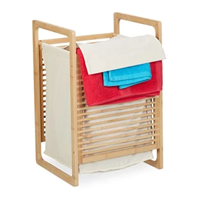 Afbeelding van Relaxdays bamboe wasmand wasbox met deksel 60 x 40 cm stoffen waszak badkamer