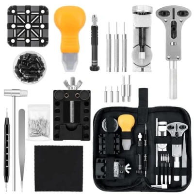 Afbeelding van AiQInu Horlogemakersgereedschapsset, 150 delig, horlogegereedschap, batterijwissel, horloge gereedschapsset, instelbare kastopener, penuitdrukker, schroevendraaier, horlogeband,