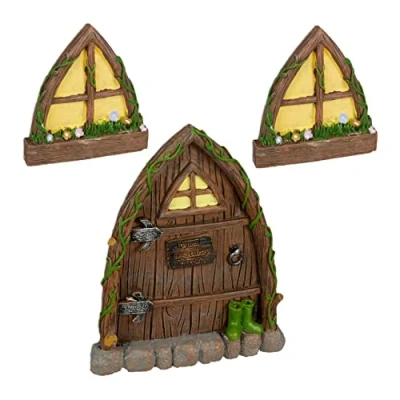 Afbeelding van Relaxdays kabouterdeur set boomstam decoratie sprookjesdeur 2 driehoekige ramen