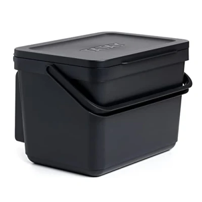 Afbeelding van TATAY Biologische afvalemmer keuken met houder, 6L inhoud, polypropyleen, 100% gerecycled materiaal. Kleur zwart. Afmetingen: 26,5 x 20,5 18,5 cm