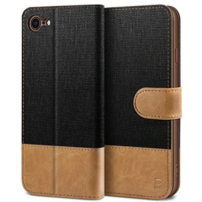 Afbeelding van BEZ iPhone SE 2020 Hoesje, 8 7 Hoesje Book Case Leer Wallet, Flip Wallet [Canvas Kunstleer] met Creditcardhouders, Standaard, Magnetische Sluiting, Zwart