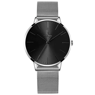 Afbeelding van Alienwork Dameshorloge Zilver Mesh Armband Zwart Ultra Dun