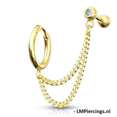 Afbeelding van Piercing dubbele ketting met oorbel ring gold plated