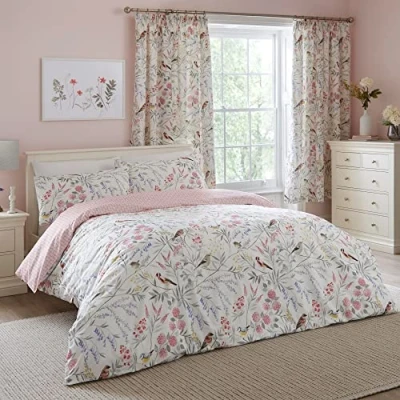 Afbeelding van Dreams &amp; Drapes Dekbedovertrek met roze bloemen en vogels super kingsize beddengoed (260 x 220 cm) omkeerbaar (2 ontwerpen) 3 delig vintage in lentetuin bloem