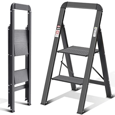 Afbeelding van KINGRACK Trapladder, 2 treden, vouwladder met leuning, antislip huishoudladder klapbeveiliging, aluminium opstapkruk, belastbaar tot 150 kg, zwart