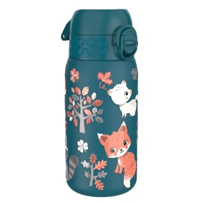 Afbeelding van ION8 Roestvrijstalen Kinderwaterfles, 400 ml/13 oz, Lekvrij, Makkelijk te Openen, Veilige Vergrendeling, Vaatwasserbestendig, Flipdop, Draaggreep, Duurzaam, Metalen Drinkfles, Design Bosdieren