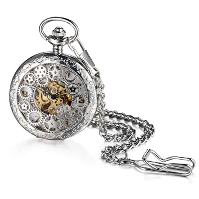 Afbeelding van JewelryWe Retro tandwiel hoog opengewerkt handopwindend mechanisch zakhorloge skelet horloge trui ketting, zilver, Feestelijke gelegenheden