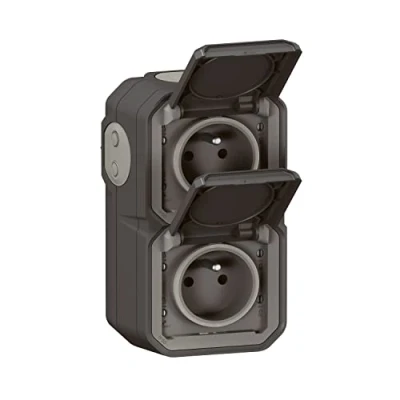 Afbeelding van LEGRAND IP55 waterdicht stopcontact met plexo aarde 2P+T 16A compleet klep voor installatie in opbouw verticale montage gemaakt Frankrijk antraciet