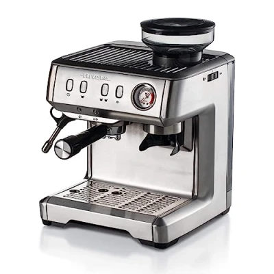 Afbeelding van Ariete 1313, koffiezetapparaat met manometer, geïntegreerde koffiemolen, compatibel koffiepoeder en ESE pads, 15 bar, filter voor 1 of 2 kopjes, lans cappuccino, 1600 W, zilver