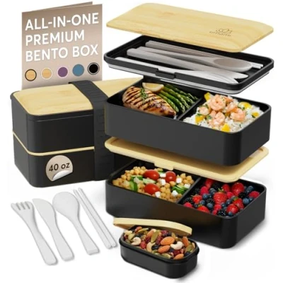 Afbeelding van Umami Bento lunchbox, inclusief 2 sauspotten en bestek, magnetronbestendige lunchbox voor volwassenen, maaltijdbox in compartimenten, Box