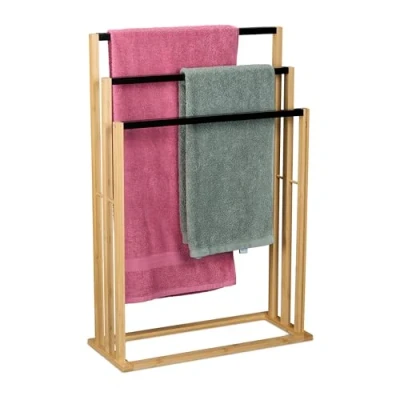 Afbeelding van handdoekenrek staand 3 stangen bamboe 82x55x24 cm badkamer natuur zwart