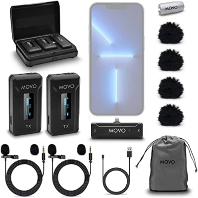 Afbeelding van Movo WMX 2 L DUO Dual Wireless Lavalier Microfoon voor iPhone met oplaadcase, ingebouwde microfoons, clip on reversmicrofoons, 7HR batterij, 100m bereik, instelbare versterking microfoons