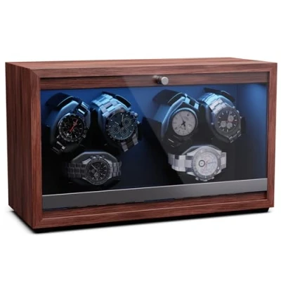 Afbeelding van Brienz 6 watchwinder, horloges, 4 modi, houten look, blauwe binnenverlichting