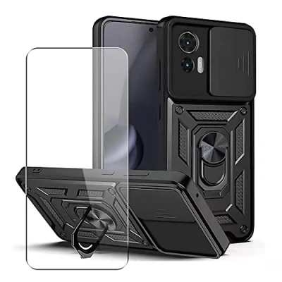 Afbeelding van SDTEK Hoesje compatibel met Motorola Moto Edge 30 Neo, telefoonhoesje cameralensbescherming, standaard, magnetische ringhouder en glazen schermbeschermer (zwart)