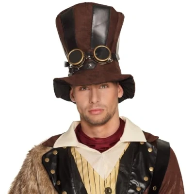 Afbeelding van Boland 54514 Hoed Starepunk met vliegeniersbril, bruin, victoriaanse stijl, Steampunk, themafeest, mottofeest, carnaval