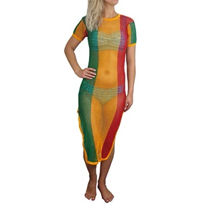Afbeelding van Crystal Dames Gestreepte Strech Rasta Jurk Cover Up 100% Katoen String Mesh Visnet Korte Mouw Met Zijsplitsen one Size, Rood/Goud/Groen, size