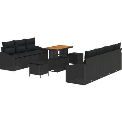 Afbeelding van vidaXL 10 delig tuinbankstel met kussens zwart poly rattan acacia