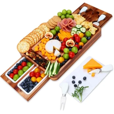 Afbeelding van Hecef Acacia houten kaasplankenset, vierkante kaasplank met bestekset, perfecte charcuterieplank voor het serveren van hapjes en fruit (White)
