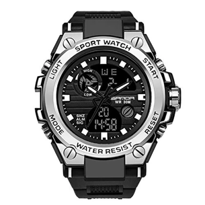 Afbeelding van RORIOS Militair sporthorloge voor heren en jongeren, digitaal kwartshorloge met siliconen armband, elektronisch alarmtimer, zilver, Riemen.