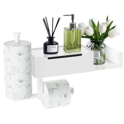 Afbeelding van Airminti toiletpapierhouder met plank, wc rolhouder box voor vochtige doekjes, roestvrij staal, rolhouder, zonder boren, zelfklevend, badkamer en keuken, 2