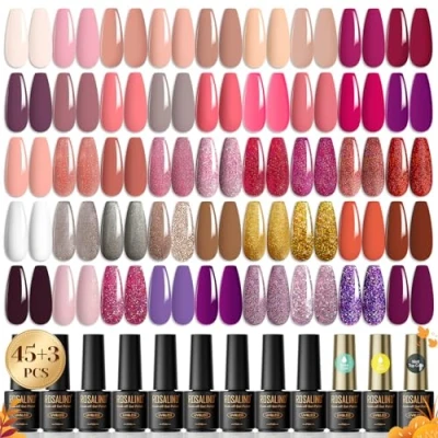 Afbeelding van ROSALIND semi permanente nagellak, 48 stuks, 45 kleuren + 1 base coat glanzende top coat, matte set gelnagellak, mini goud, oranje, glitter, uv, led, gelnagellak.