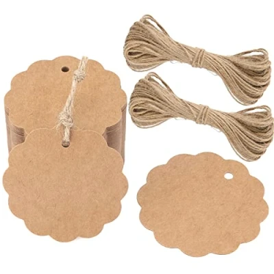 Afbeelding van G2PLUS 300 g/m² ronde hangers van kraftpapier, 100 stuks, labels, 6 cm, cadeauhangers, met koord voor cadeauverpakkingen en kunsthandwerk (bruin)
