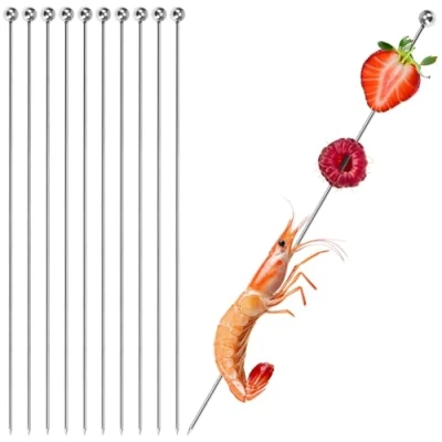 Afbeelding van COM FOUR® 10x cocktailprikkers van roestvrij staal prikkers voor fingerfood, fruit, hamburgers herbruikbare partyprikker 22 cm appetizerprikker (10 stuks 22cm)