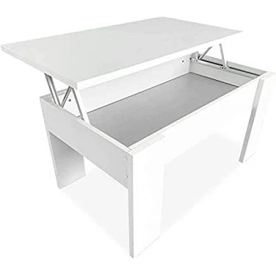 Afbeelding van Duérmete Online Salontafel, in hoogte verstelbaar, voor woonkamer of eetkamer, hout, witte afwerking, afmetingen: 90 cm (breedte) x 50 (diepte) 46 57 (hoogte)